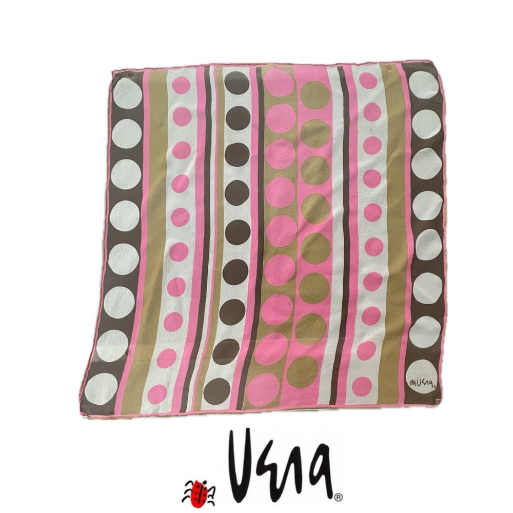 🩷🤎Silk Chiffon Pink & Brown Polka Dot & Striped Sheer Square Vera Neumann Scarf